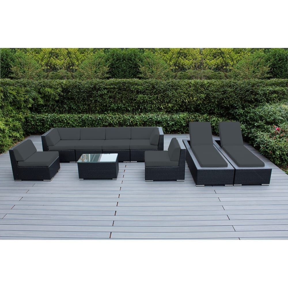 Ohana Outdoor Patio 9 Piece Black Wicker Sofa and Chaise Lounge Set - No Assembly