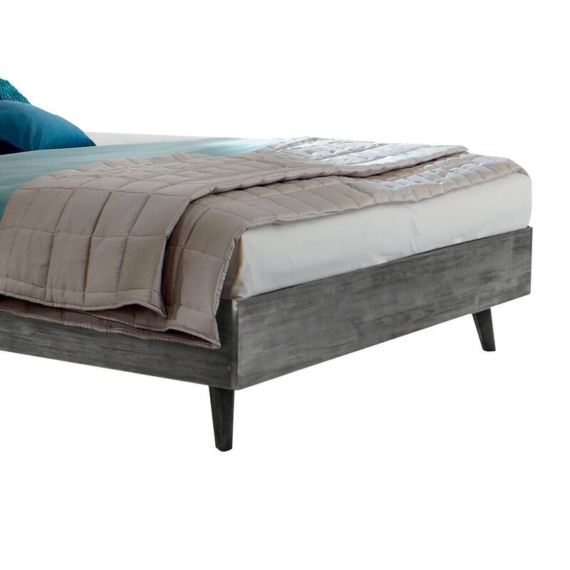 Modern Platform Bed - Gray Acacia Wood Frame & Upholstered Headboard - Low Profile Bed