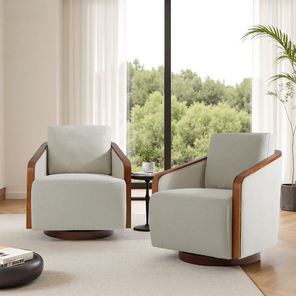 Set of 2 Modern Swivel Accent Barrel Chairs with Wood Arms