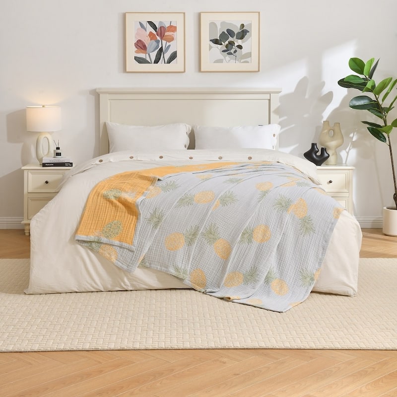 Vintage Cotton Muslin Throw Blanket, Reversible, Breathable for Indoor/Outdoor Use, Picnics, Bedding, or Chair Cover