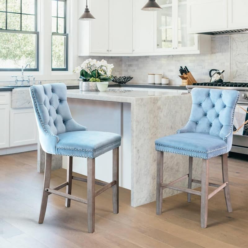 Wing Back Velvet Tufted Nailhead Barstools(Set of 4)