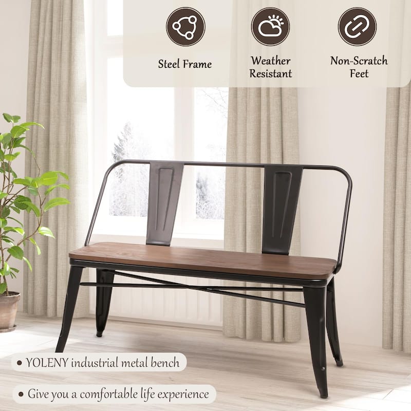 EROMMY 42in Metal Bench Industrial Mid-Century 3 Person Chair with Wood Seat, Dining Bench with Floor Protector - 42"