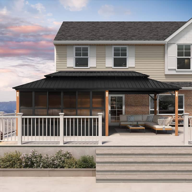 PURPLE LEAF Double Top Outdoor Sunroom All-Weather Screen House Patio Hardtop Gazebo - 12' x 24' - Black