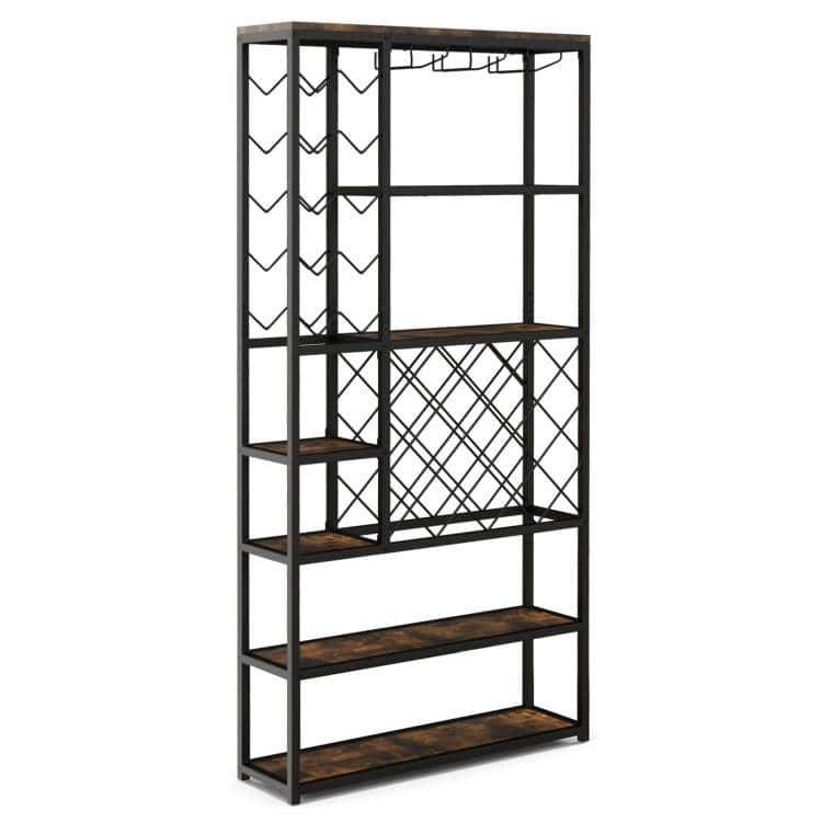 Rustic Brown Black Metal Wood 6-Tier Industrial Wine Rack Shelf - 32" x 9" x 65.5"
