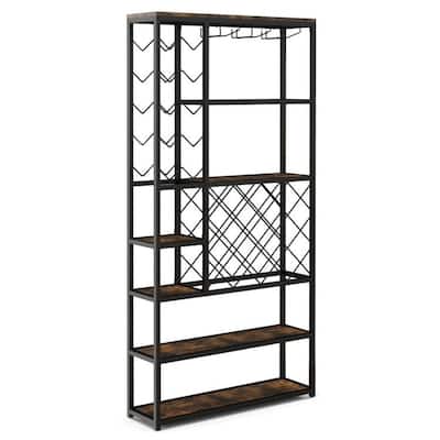 Rustic Brown Black Metal Wood 6-Tier Industrial Wine Rack Shelf - 32" x 9" x 65.5"
