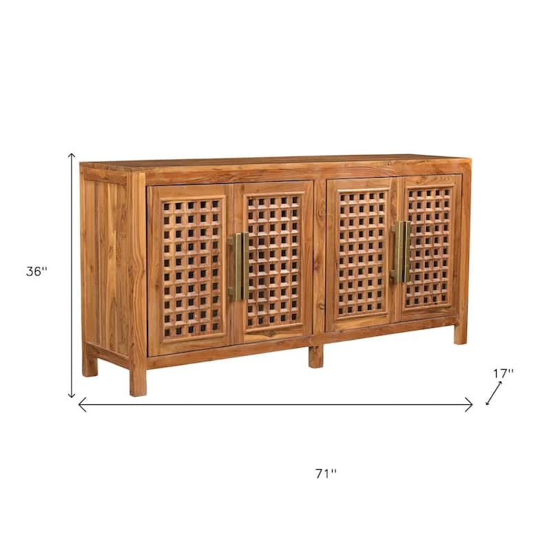 HomeRoots 71" Brown Solid Wood Carved Geometric Sideboard with Four Doors - 71.00 in. x 36.00 in. x 17.00 in.