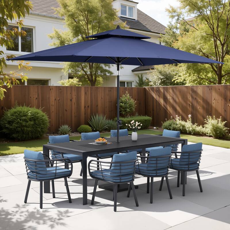 9/11-Piece Outdoor Patio Dining Set w/10 ft Umbrella and Base Aluminum Dining Table and Dining Chairs with Sunbrella Cushions