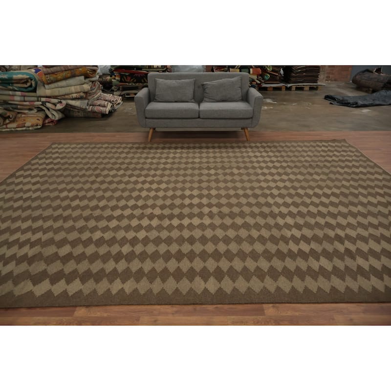Hand Woven Oriental 100% Wool Carpet Southwestern Modern Brown Kilim Area Rug - 13' 0'' X 10' 0''