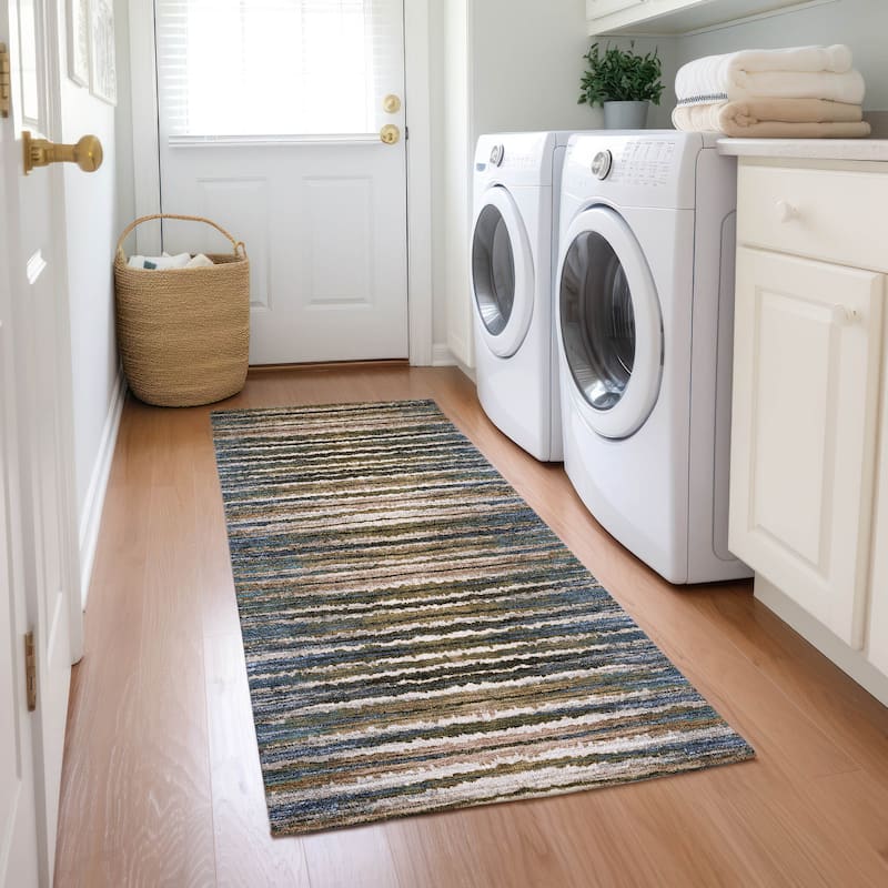 Machine Washable Indoor/ Outdoor Chantille Jagged Stripes Rug - Blue - 2'3" x 7'6"