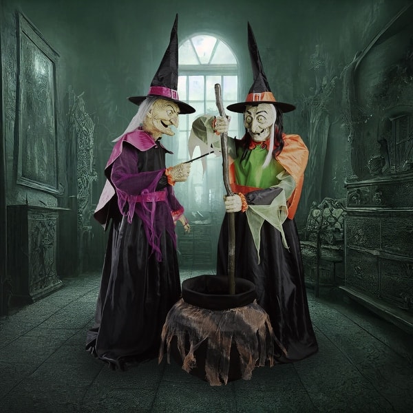 slide 2 of 19, Haunted Hill Farm Gretel and Hildie the Wicked Cauldron Witches, Premium Talking Halloween Animatronic, Plug-In