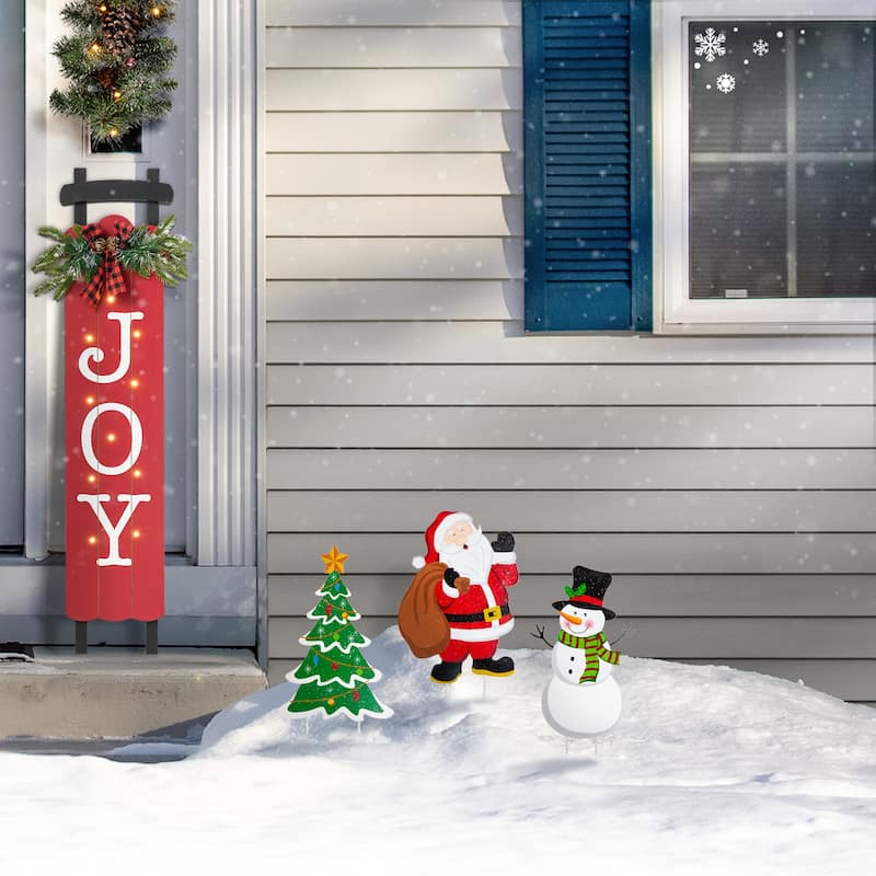 Glitzhome Set of 3 Christmas Metal Santa Snowman Tree Reindeer Candy Cane Yard Stakes Wall Decor