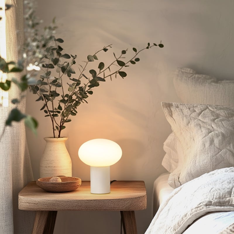 Brightech Ivy LED Glossy Off-White Cream Midcentury Round Globe Dimmable Bedside Nightstand Desk Lamp
