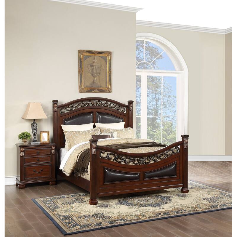 Traditional Style 3pc Bed 2x Nightstand Set Round Knobs Pull Handles Dark Cherry