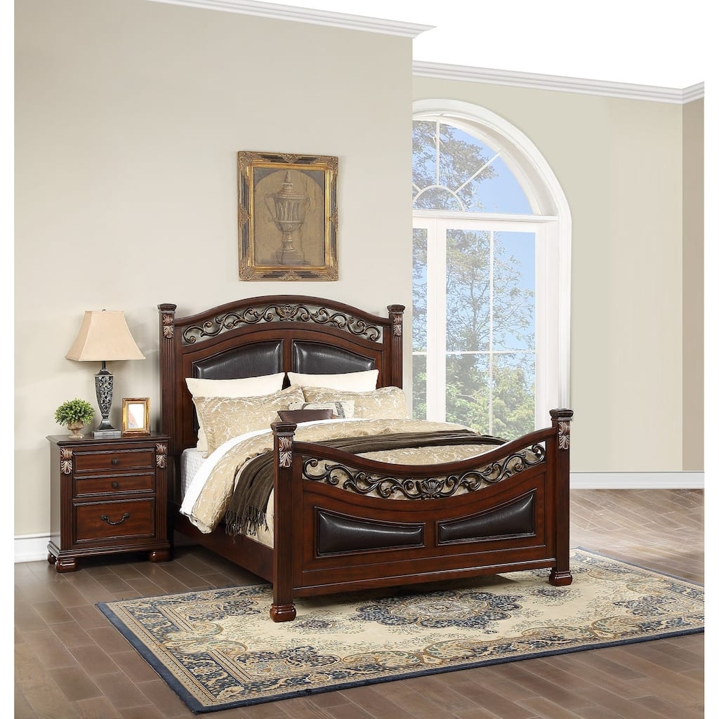 Traditional Style 3pc Bed 2x Nightstand Set Round Knobs Pull Handles Dark Cherry