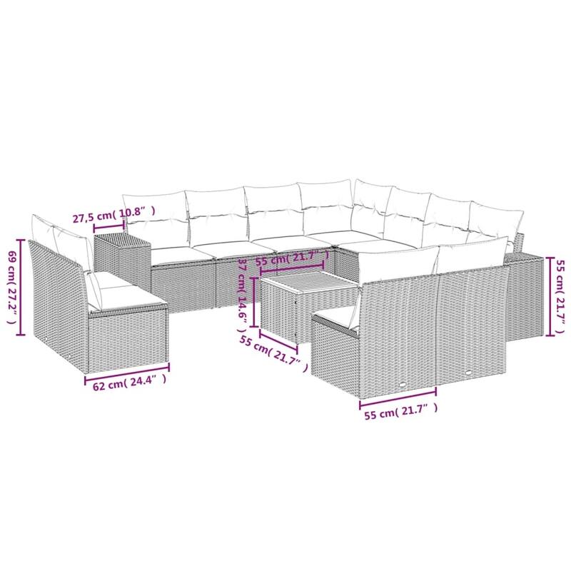 vidaXL Patio Sofa Set with Cushions Outdoor Furniture 12 Piece Poly Rattan - 24.4x 24.4x 27.2
