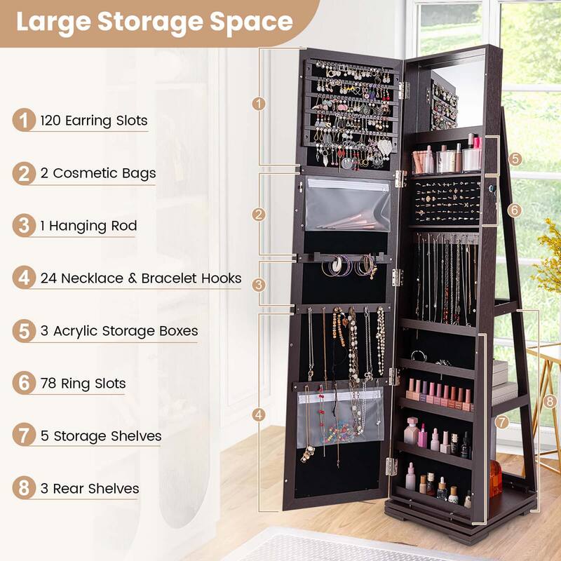 Costway 360degree Rotatable Jewelry Cabinet 2-in-1 Lockable Mirrored - See Details