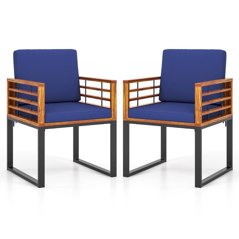 2-Piece Outdoor Solid Wood Dining Chairs with Navy Seat and Metal Frame Included Cushions - 21” x 23” x 25.5” (L x W x H)