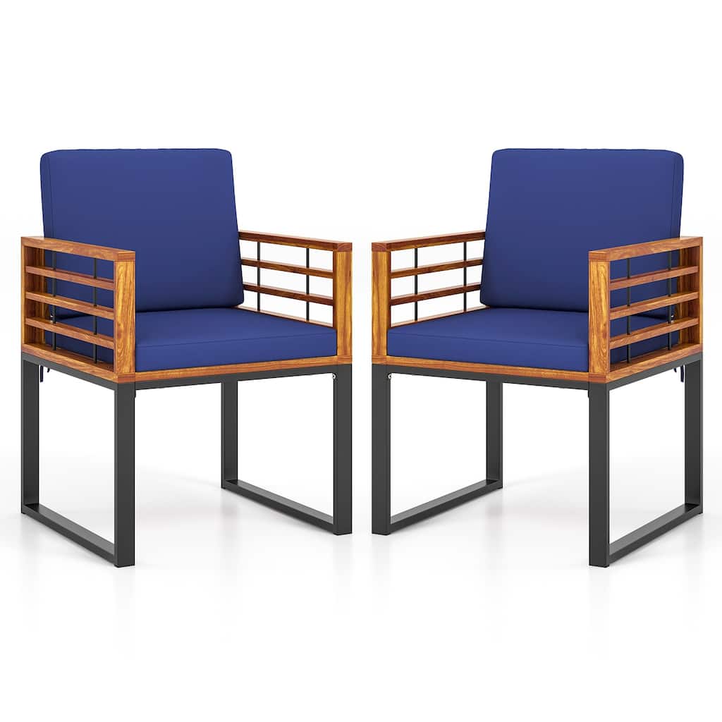 2-Piece Outdoor Solid Wood Dining Chairs with Navy Seat and Metal Frame Included Cushions - 21” x 23” x 25.5” (L x W x H)