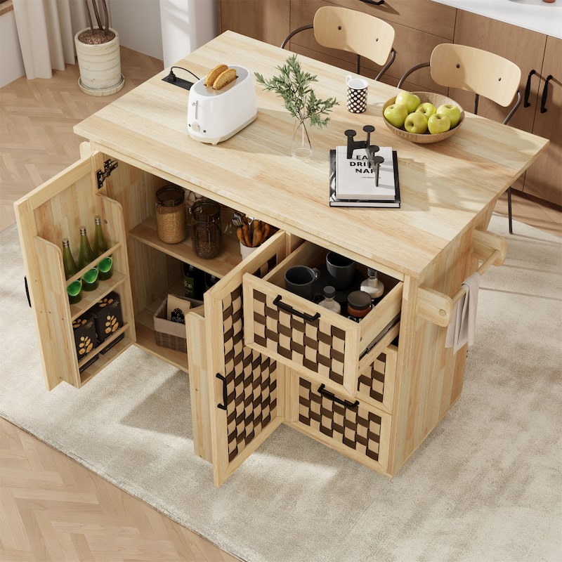 53" Rolling Kitchen Island with Drop Leaf, Internal Rack,Power Outlet