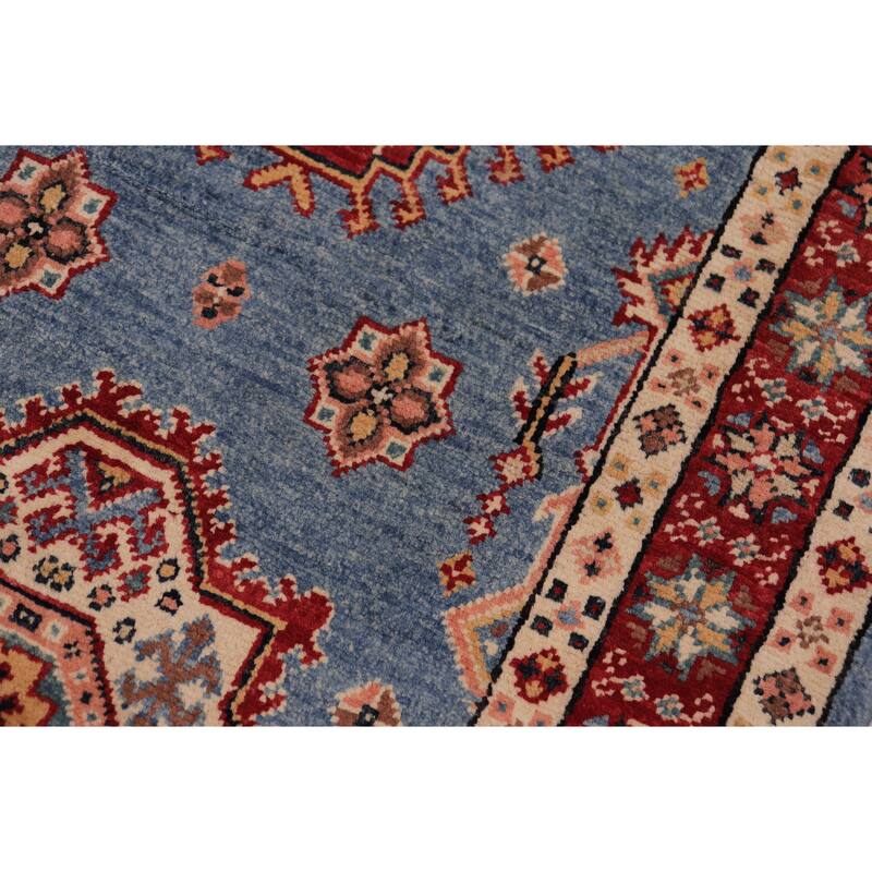 Southwestern Super Kazak Esme Light Blue/Red Hand Knotted Wool Runner - 2'5'' x 9'9''