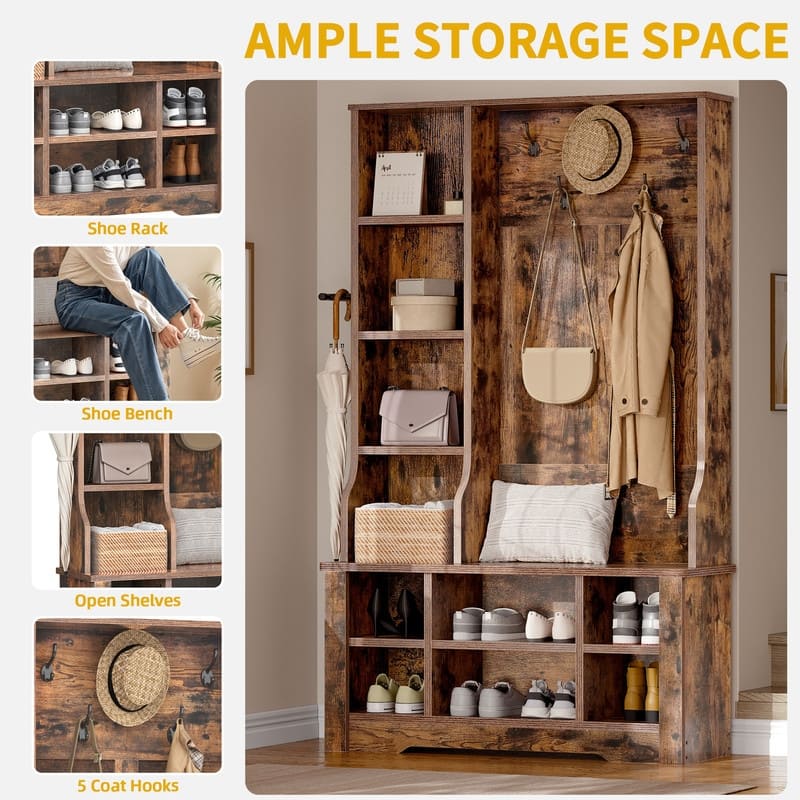 Moasis Farmhouse Hall Tree with Bench and Shoe Storage with 10 Hooks for Entryway