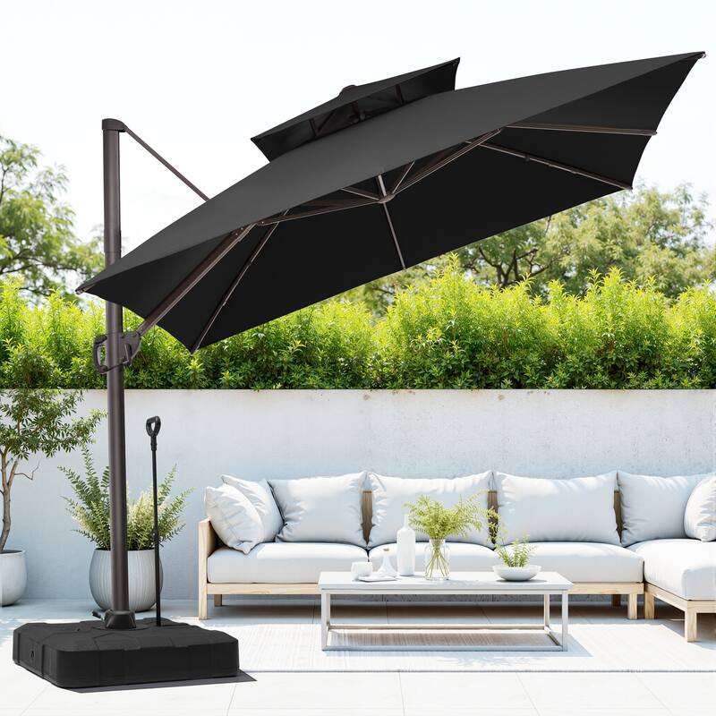 Outdoor 10FT Square Patio Cantilever-Offset Umbrella with Base - Black