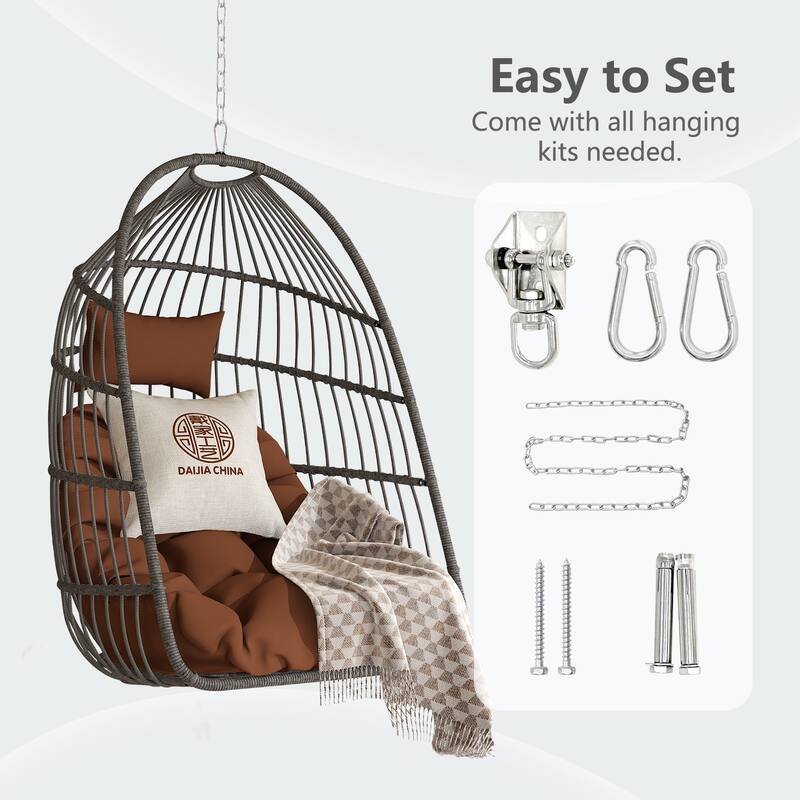 Hanging Chair PE Hanging Chair with Stainless Steel Suspension kit, Outdoor Garden Rattan Egg Swing Chair with Cushion