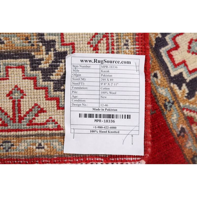 Geometric Kazak Runner Rug Handmade Red Wool Carpet - 2'11" x 9'8"