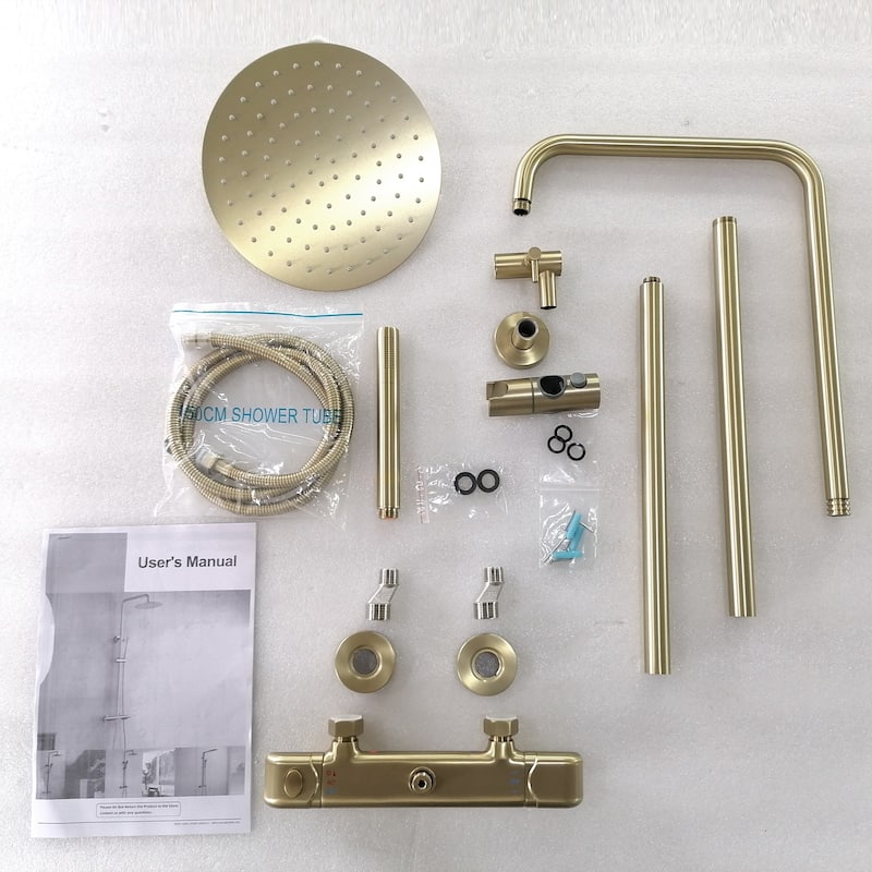 10'' Wall Exposed Install Height/Angle Adjustable Complete Shower System w/ Rainfall Shower Head and Handle in Luxury Gold