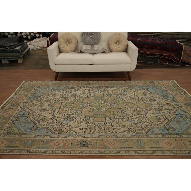 Hand Knotted Oriental 100% Wool Carpet Traditional Medallion Beige & Ivories Tabriz Area Rug - 9' 4'' X 6' 5''