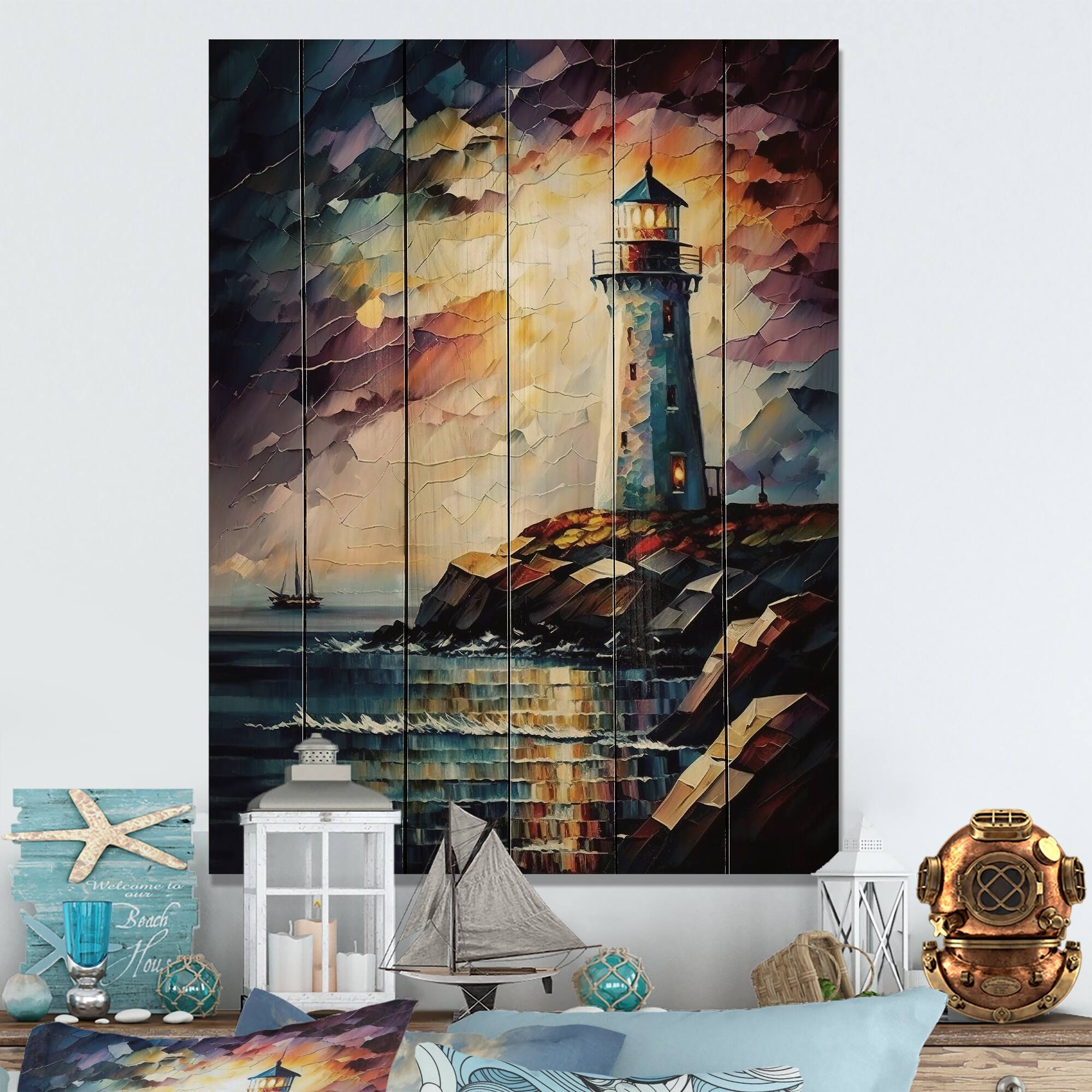 Designart 'Lighthouse On The Coast III' Beach Light House Wood Wall Art