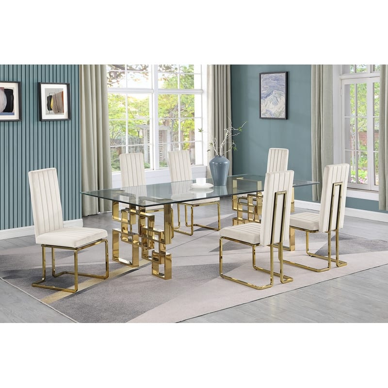 Best Quality Furniture Big Glass Dining Sets - 7pcs - Gold Chrome - Cream