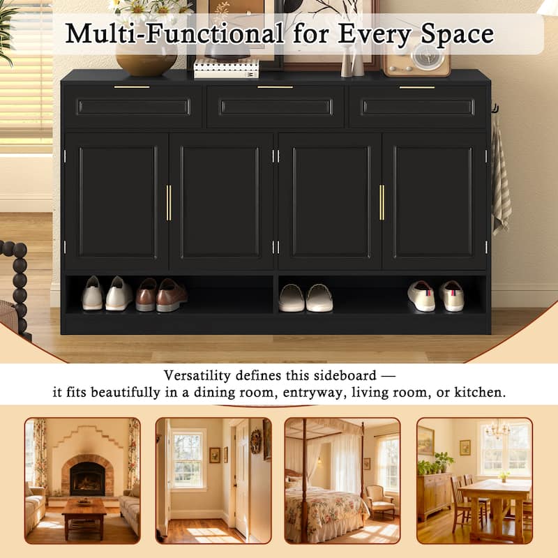59.1" Farmhouse Sideboard Buffet with 3 Drawers, 4 Doors, Adjustable Shelf & Open Storage Compartments
