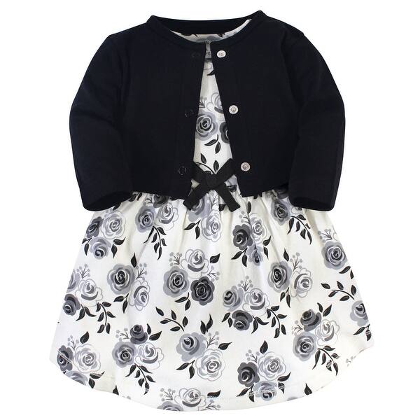 slide 1 of 1, Touched by Nature Baby and Toddler Girl Organic Cotton Dress and Cardigan 2pc Set, Black Floral 2T - Black Floral