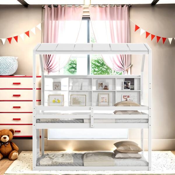 slide 2 of 15, Classic Roof Shaped Bunk Bed for Kids, Easy Assemble White