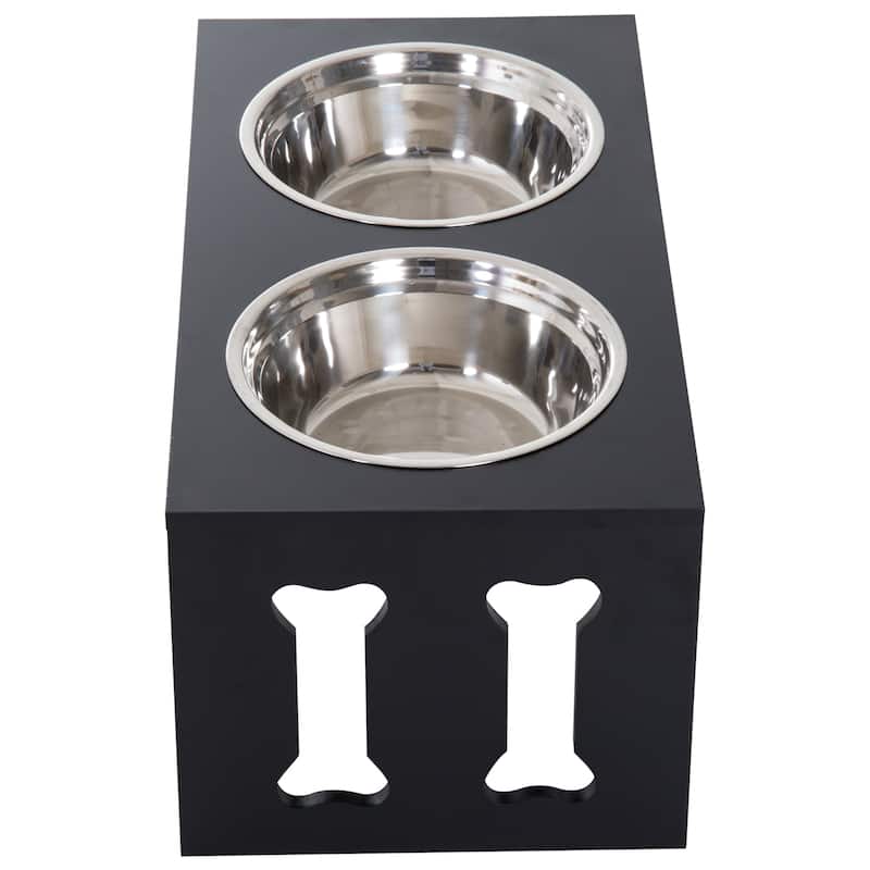 PawHut 23" Modern Decorative Dog Bone Wooden Heavy Duty Pet Food Bowl Elevated Feeding Station - Black