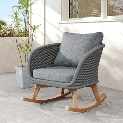 29.5" Contemporary Minimalist Gray Wicker Rocking Chair with Soft Polyester Cushions and Durable Wooden Frame