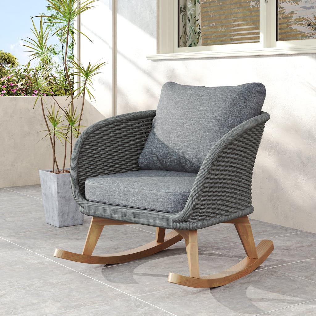 Contemporary Minimalist Gray Wicker Rocking Chair for Indoor and Outdoor Spaces like Patio, Balcony, or Living Room