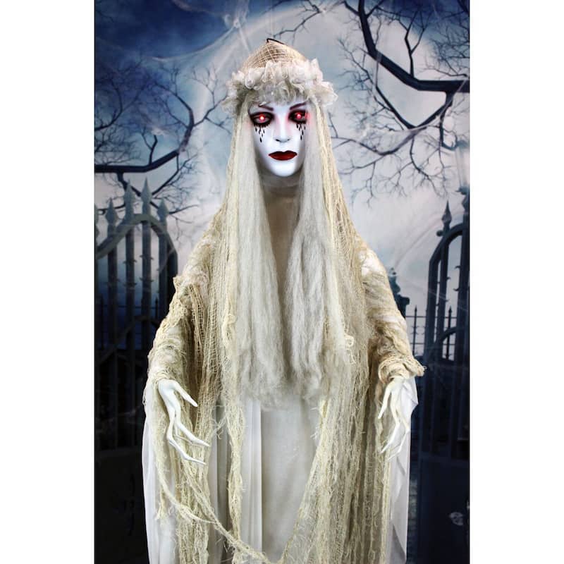 Haunted Hill Farm Life-Size Animatronic Ghost Bride with Lights and Sound, Indoor or Covered Outdoor Halloween Decoration