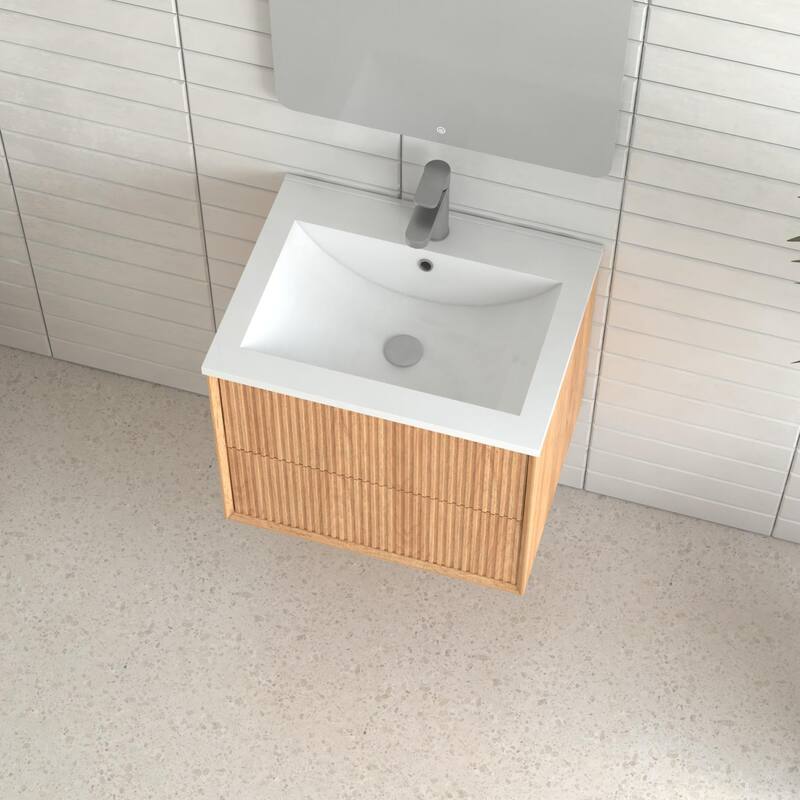 24'' Floating Bathroom Vanity Set,Wall Mounted Solid Wood Cabinet with 2 Storage Drawers,Resin Integrated Basin