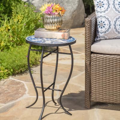 Han Outdoor Round Ceramic Tile Side Table with Iron Frame by Christopher Knight Home