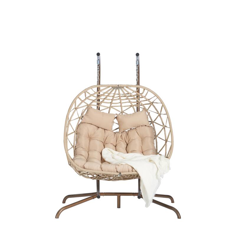 Double Rattan Egg Chair with Stand and UV-Resistant Cushions and Iron Frame - Outdoor Hanging Swing (600lb Capacity)