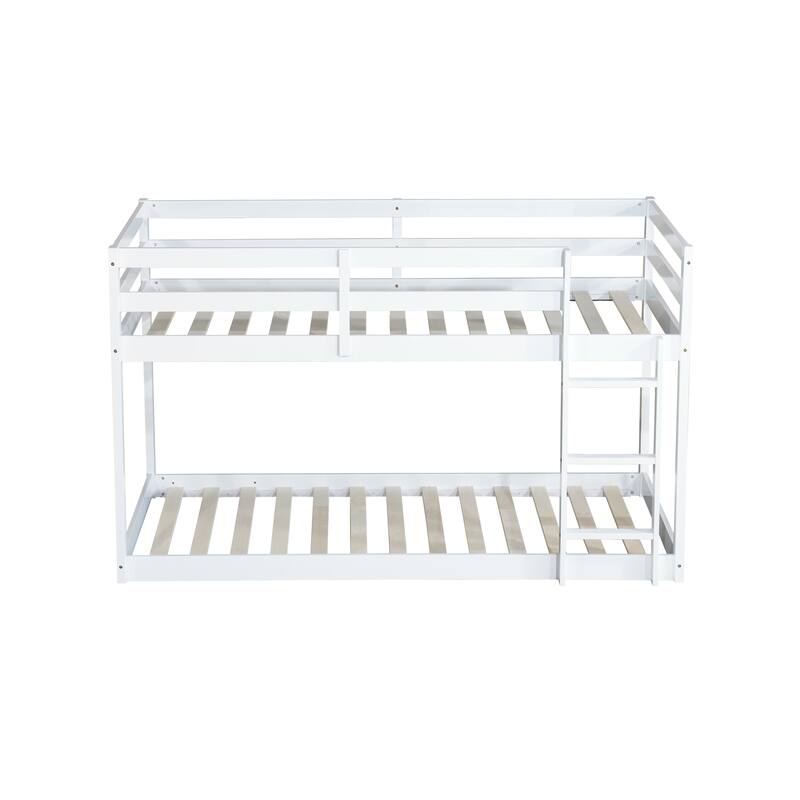 Solid Rubber Wood Twin over Twin Floor Bunk Bed with Ladder, White