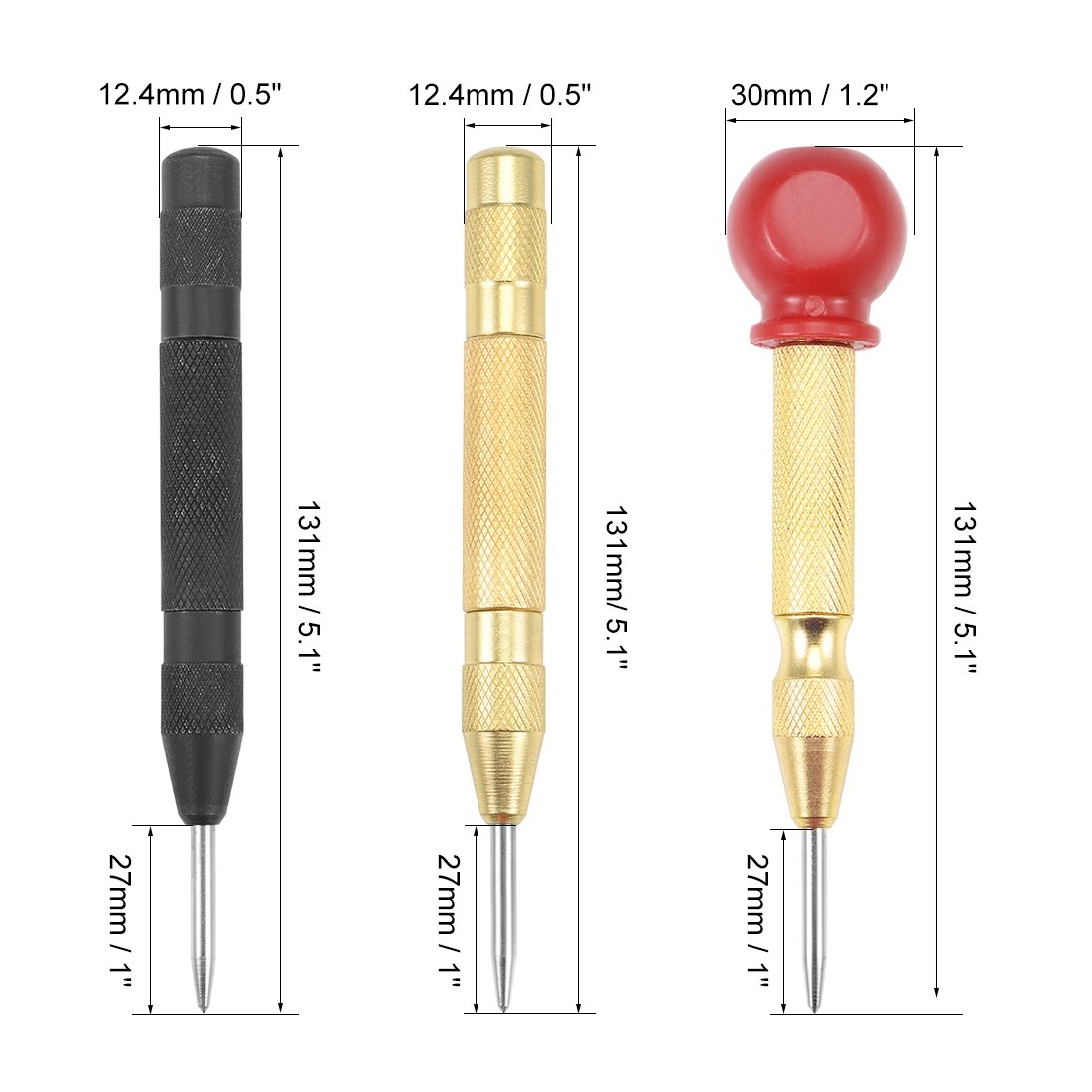 3-Pack Spring Loaded Center Punch – Automatic Hole Punch For Metal, Wood, Plastic & Glass – Adjustable Tension, 5 Inch