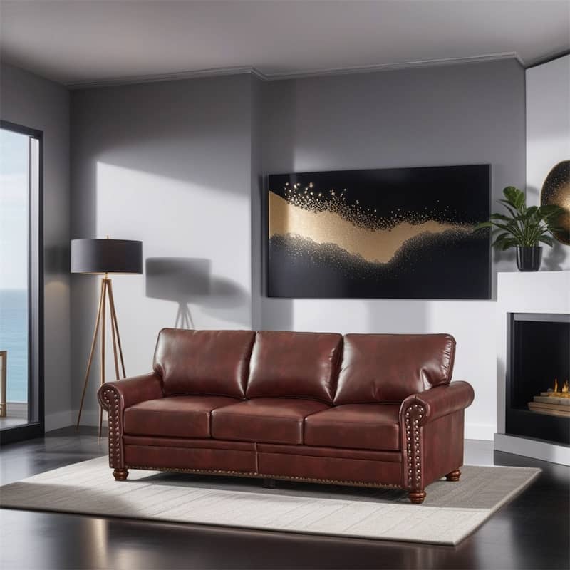Classic Living Room Nails Sofa,Faux Leather - Burgundy