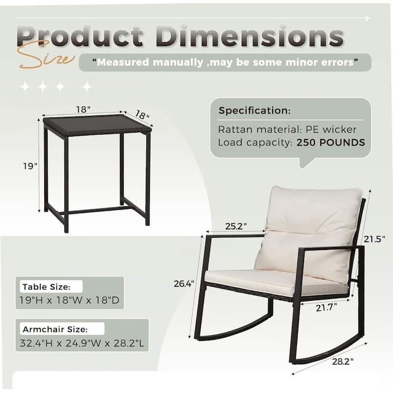 SUNCROWN 3-piece Outdoor Patio Brown/Black Wicker Rocking Chairs Conversation Bistro Set