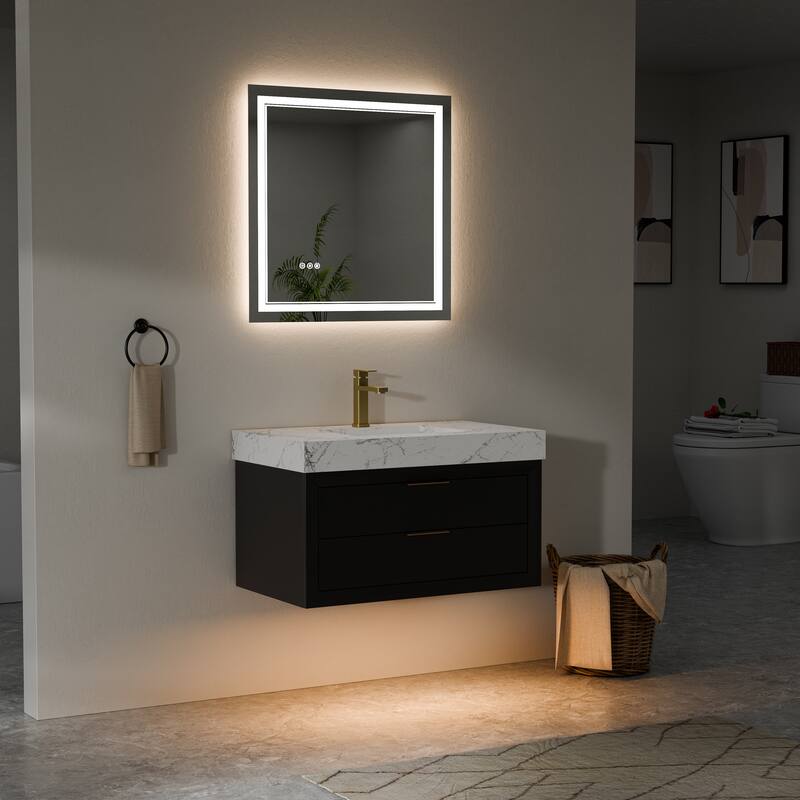 Modland 36" Wall-Mount Vanity with LED Light & 2 Soft-Close Drawers - Solid Oak, Black,White,Blue,Green - 36 inch