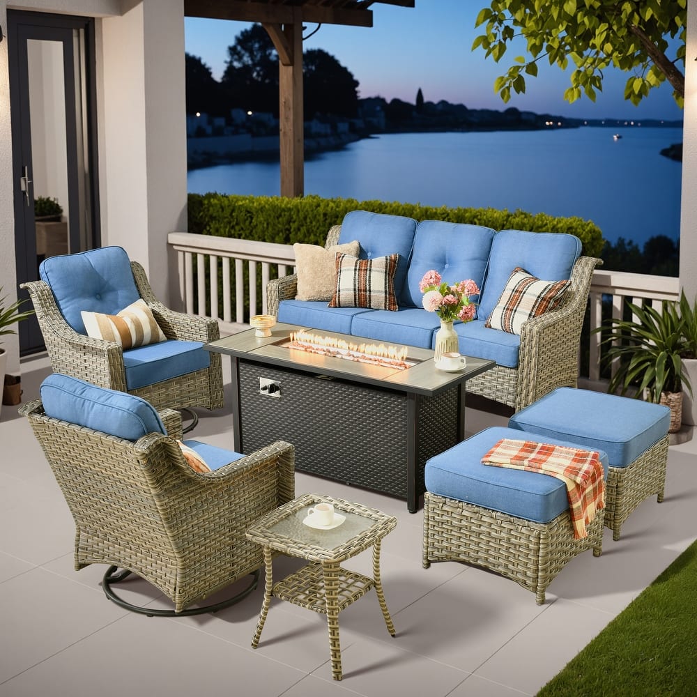 ​​OVIOS 7 Pieces Outdoor Wicker Swivel Chair Set with 54" Fire Table​