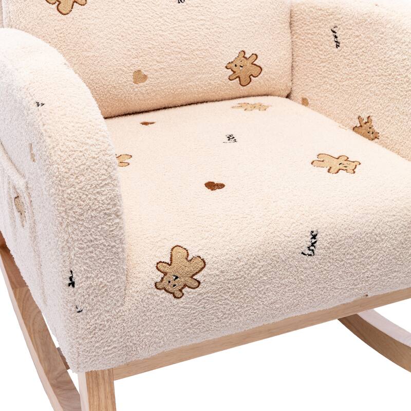 Boucle Fabric Rocking Chair with High Back, Side Pocket and Solid Wood Frame