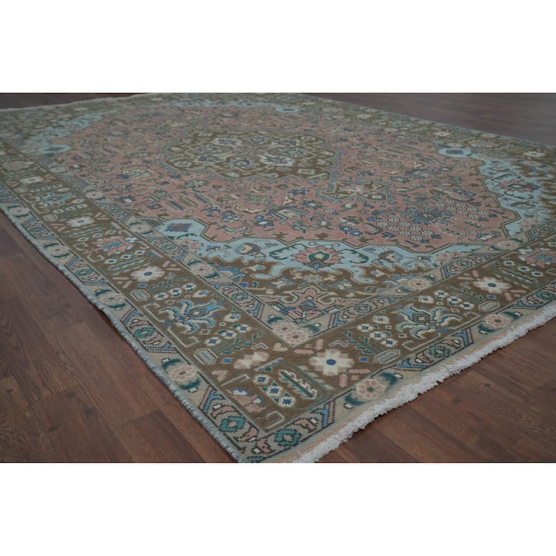 Pink Geometric Tabriz Persian Vintage Rug Handmade Wool Carpet - 6'6" x 9'8"